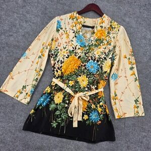 Vintage Teddi of California Floral Tunic Top Bell Sleeve Belted Cream Black 14